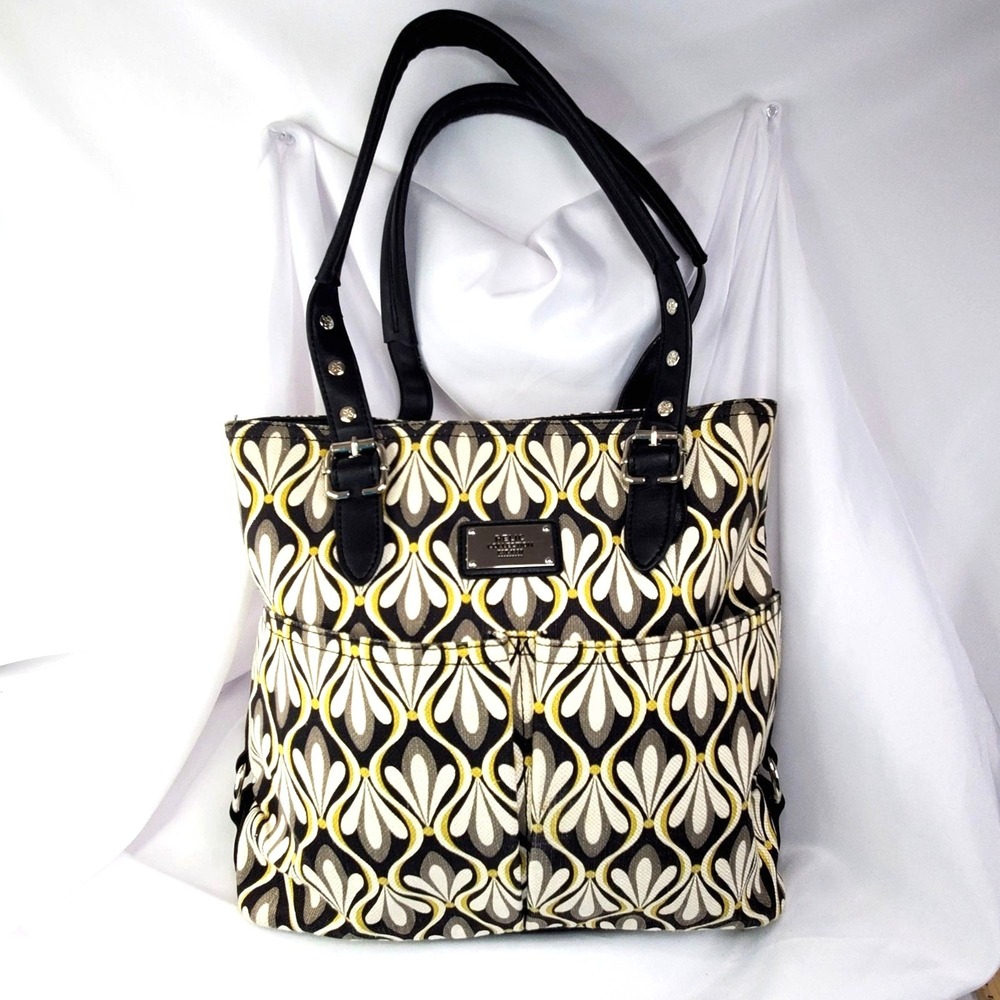 Relic Collection Printed Tote Bag Black Handles & Stylish Retro Pattern 13"x12"